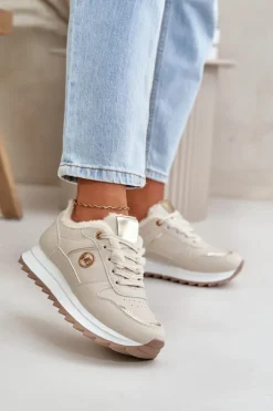 Buty Sportowe Damskie Ocieplane Futerkiem Na Platformie Jasnobeżowe Lerisas