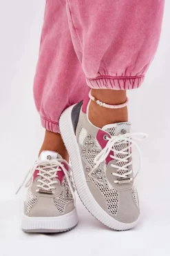 Buty Sportowe Damskie Z Siateczką I Ćwiekami Szare Ogalda