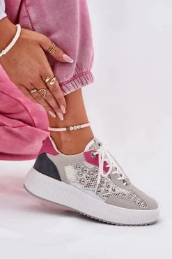 Buty Sportowe Damskie Z Siateczką I Ćwiekami Szare Ogalda