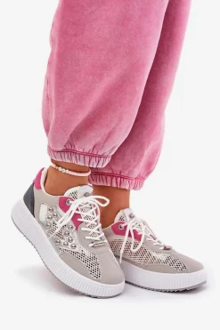 Buty Sportowe Damskie Z Siateczką I Ćwiekami Szare Ogalda