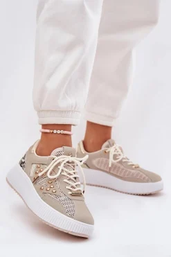 Buty Sportowe Damskie Z Siateczką I Ćwiekami Beżowe Ogalda