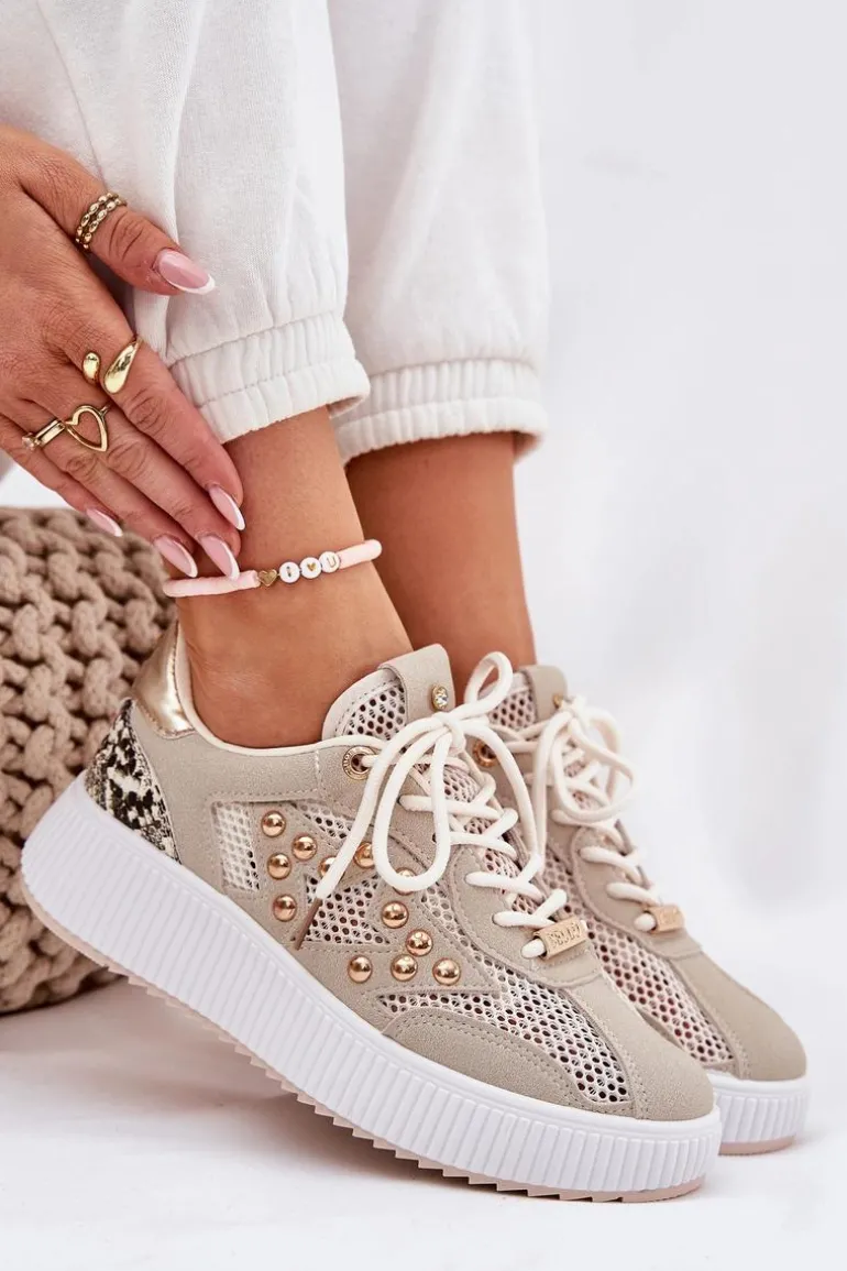 Buty Sportowe Damskie Z Siateczką I Ćwiekami Beżowe Ogalda