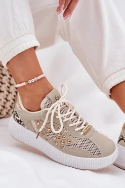 Buty Sportowe Damskie Z Siateczką I Ćwiekami Beżowe Ogalda
