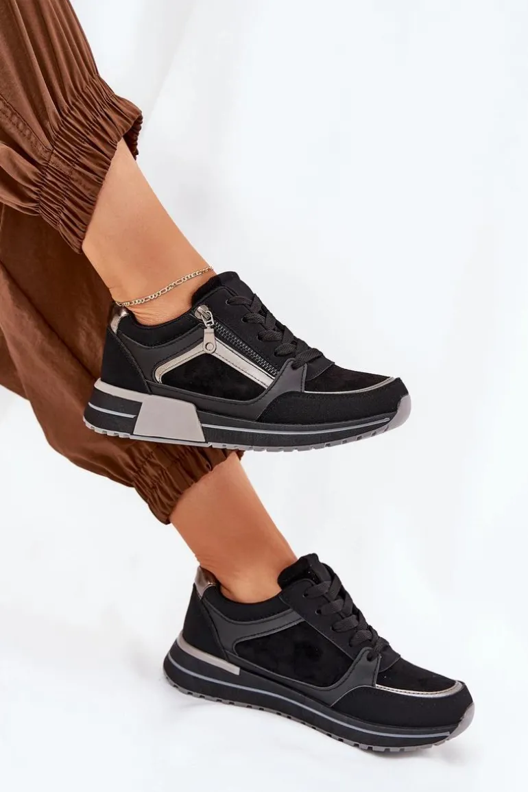 Buty Sportowe Damskie Z Suwakiem Na Platformie Czarne Larys