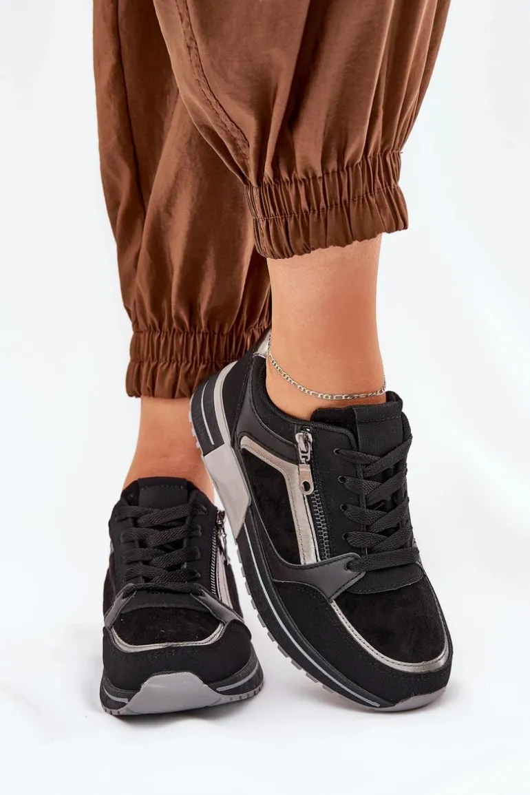 Buty Sportowe Damskie Z Suwakiem Na Platformie Czarne Larys