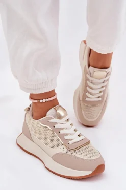 Buty Sportowe Damskie Z Siateczką Na Platformie Beżowe Poova