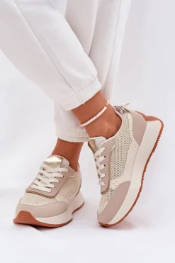 Buty Sportowe Damskie Z Siateczką Na Platformie Beżowe Poova