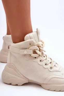 Buty Sportowe Damskie Zamszowe Z Łańcuchem Beżowe Tymagio