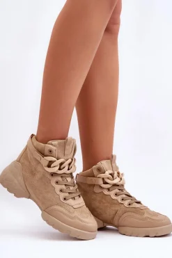 Buty Sportowe Damskie Zamszowe Z Łańcuchem Ciemnobeżowe Tymagio