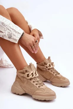 Buty Sportowe Damskie Zamszowe Z Łańcuchem Ciemnobeżowe Tymagio