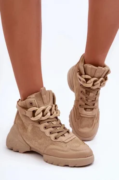 Buty Sportowe Damskie Zamszowe Z Łańcuchem Ciemnobeżowe Tymagio