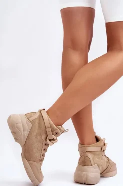 Buty Sportowe Damskie Zamszowe Z Łańcuchem Ciemnobeżowe Tymagio