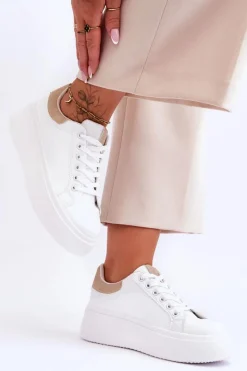 Buty Sportowe Na Masywnej Platformie Biało-Beżowe Boneti