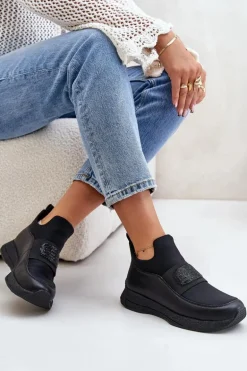 Buty Sportowe Na Platformie Skórzane Czarne Artiker 55C0035