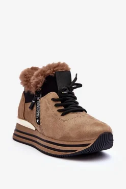 Buty Sportowe Na Platformie Z Futerkiem Ciemnobeżowe Jamarie