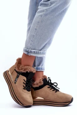 Buty Sportowe Na Platformie Z Futerkiem Ciemnobeżowe Jamarie