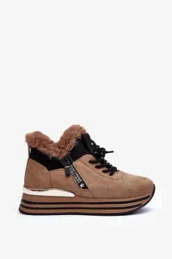 Buty Sportowe Na Platformie Z Futerkiem Ciemnobeżowe Jamarie