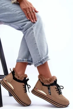 Buty Sportowe Na Platformie Z Futerkiem Ciemnobeżowe Jamarie