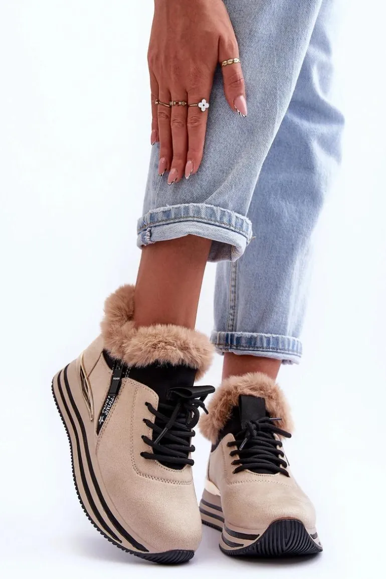 Buty Sportowe Na Platformie Z Futerkiem Beżowe Jamarie