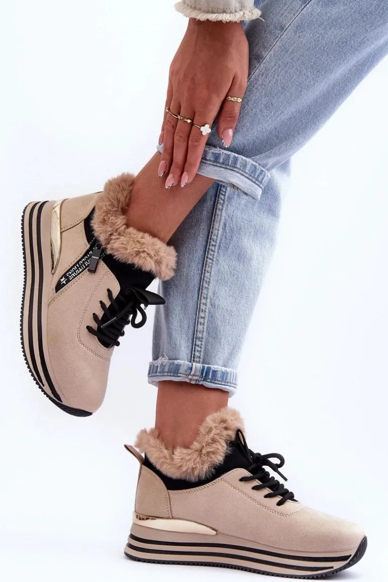 Buty Sportowe Na Platformie Z Futerkiem Beżowe Jamarie