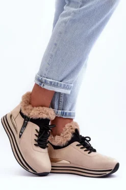 Buty Sportowe Na Platformie Z Futerkiem Beżowe Jamarie