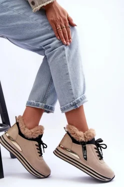 Buty Sportowe Na Platformie Z Futerkiem Beżowe Jamarie