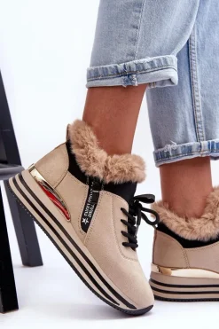 Buty Sportowe Na Platformie Z Futerkiem Beżowe Jamarie