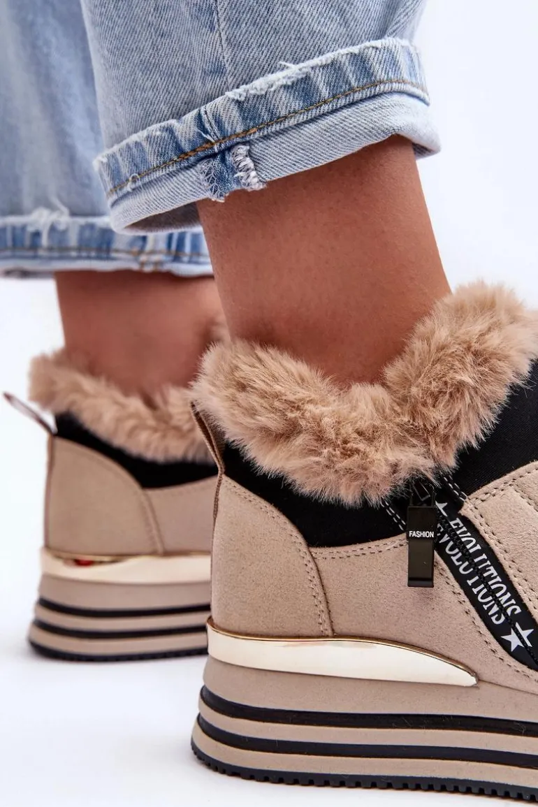 Buty Sportowe Na Platformie Z Futerkiem Beżowe Jamarie
