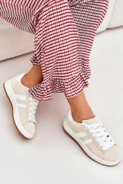 Buty Sportowe Sneakersy Damskie Z Eko Skóry Beżowe Ravina