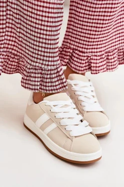 Buty Sportowe Sneakersy Damskie Z Eko Skóry Beżowe Ravina
