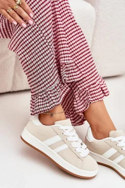 Buty Sportowe Sneakersy Damskie Z Eko Skóry Beżowe Ravina