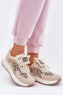 Buty Sportowe Sneakersy Damskie Na Platformie Panterka Beżowe Pumbes