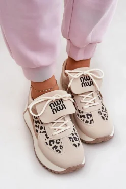Buty Sportowe Sneakersy Damskie Na Platformie Panterka Beżowe Pumbes