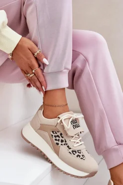 Buty Sportowe Sneakersy Damskie Na Platformie Panterka Beżowe Pumbes