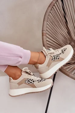 Buty Sportowe Sneakersy Damskie Na Platformie Panterka Beżowe Pumbes