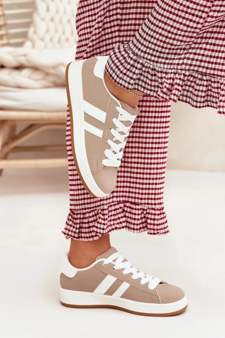 Buty Sportowe Sneakersy Damskie Z Eko Skóry Ciemnobeżowe Ravina