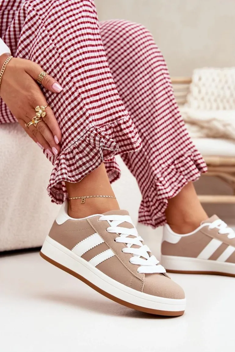 Buty Sportowe Sneakersy Damskie Z Eko Skóry Ciemnobeżowe Ravina