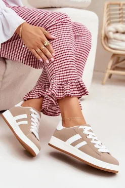 Buty Sportowe Sneakersy Damskie Z Eko Skóry Ciemnobeżowe Ravina