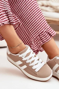 Buty Sportowe Sneakersy Damskie Z Eko Skóry Ciemnobeżowe Ravina