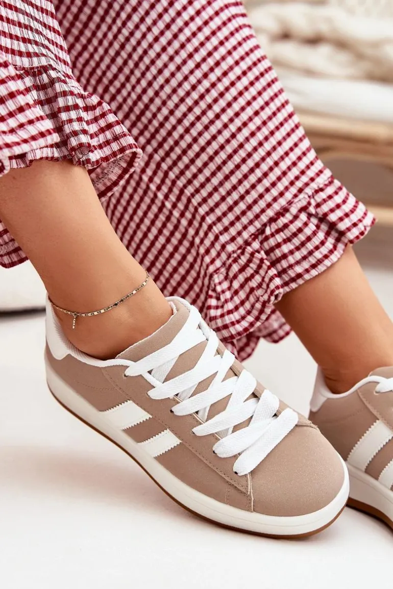 Buty Sportowe Sneakersy Damskie Z Eko Skóry Ciemnobeżowe Ravina