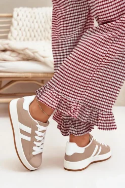 Buty Sportowe Sneakersy Damskie Z Eko Skóry Ciemnobeżowe Ravina