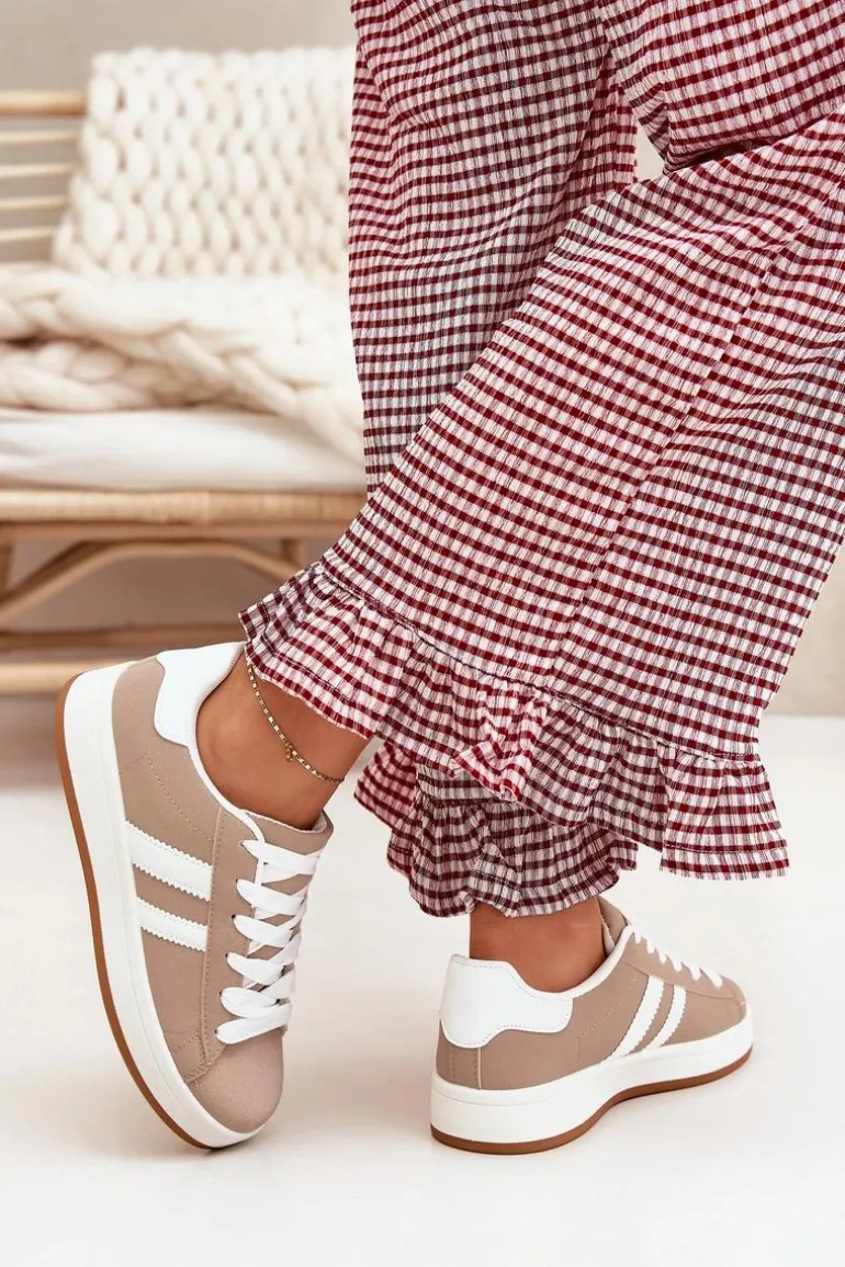 Buty Sportowe Sneakersy Damskie Z Eko Skóry Ciemnobeżowe Ravina