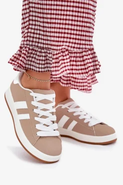 Buty Sportowe Sneakersy Damskie Z Eko Skóry Ciemnobeżowe Ravina