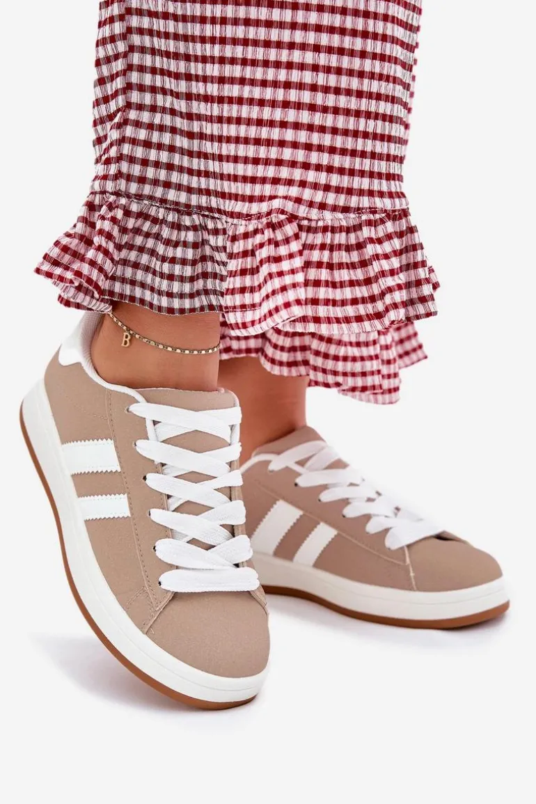 Buty Sportowe Sneakersy Damskie Z Eko Skóry Ciemnobeżowe Ravina