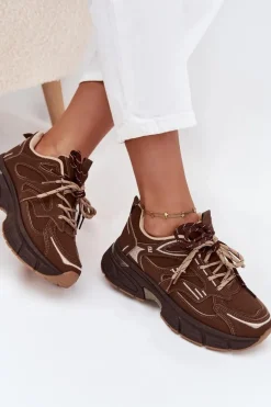 Buty Sportowe Sneakersy Damskie Z Podwójnym Sznurowaniem Czekoladowe Annelie