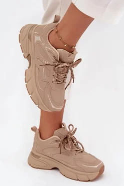 Buty Sportowe Sneakersy Damskie Z Podwójnym Sznurowaniem Beżowe Annelie