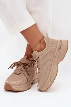 Buty Sportowe Sneakersy Damskie Z Podwójnym Sznurowaniem Beżowe Annelie