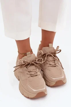 Buty Sportowe Sneakersy Damskie Z Podwójnym Sznurowaniem Beżowe Annelie