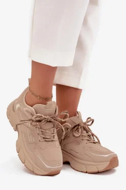 Buty Sportowe Sneakersy Damskie Z Podwójnym Sznurowaniem Beżowe Annelie