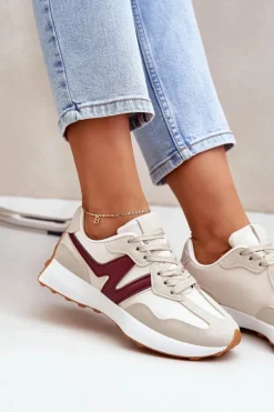 Buty Sportowe Sneakersy Damskie Beżowo-Bordowe Britma